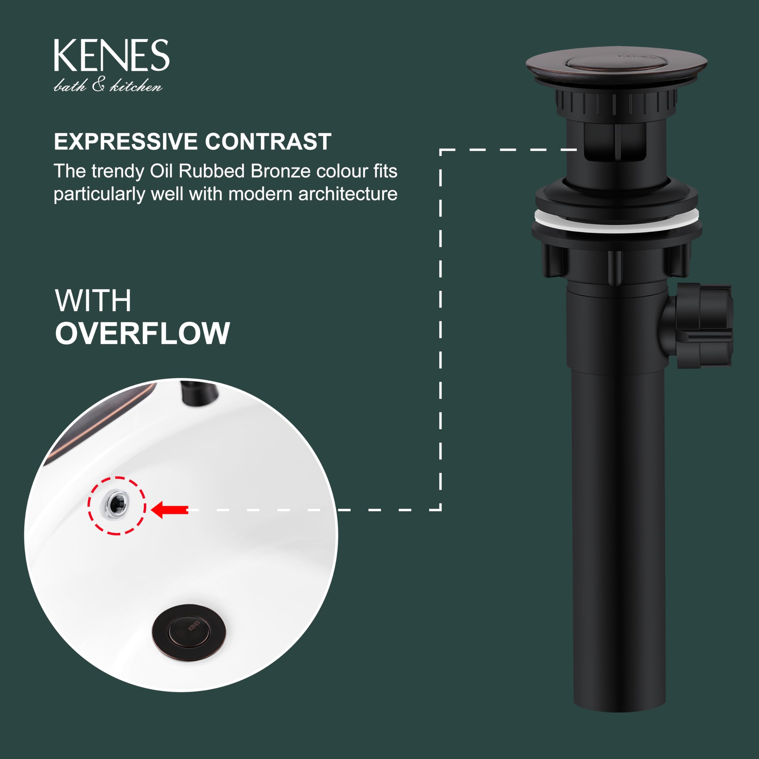 KENES pop-up drain assembly with lift rod enables easy water sealing.