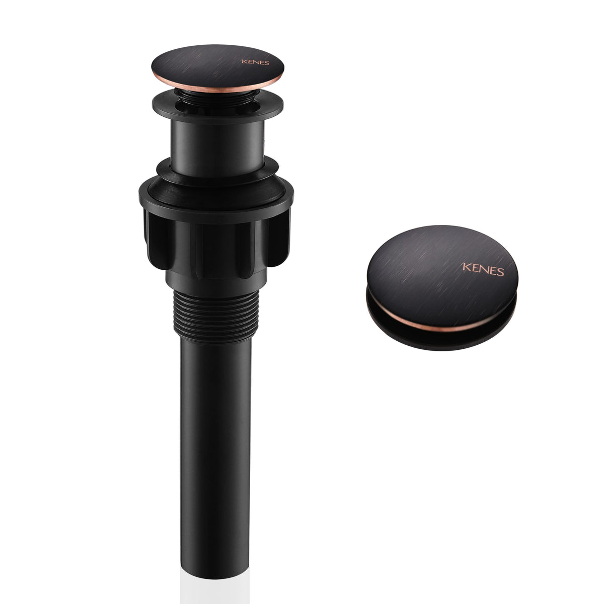 KENES oil rubbed bronze pop-up drain with durable finish resists scratches and corrosion.