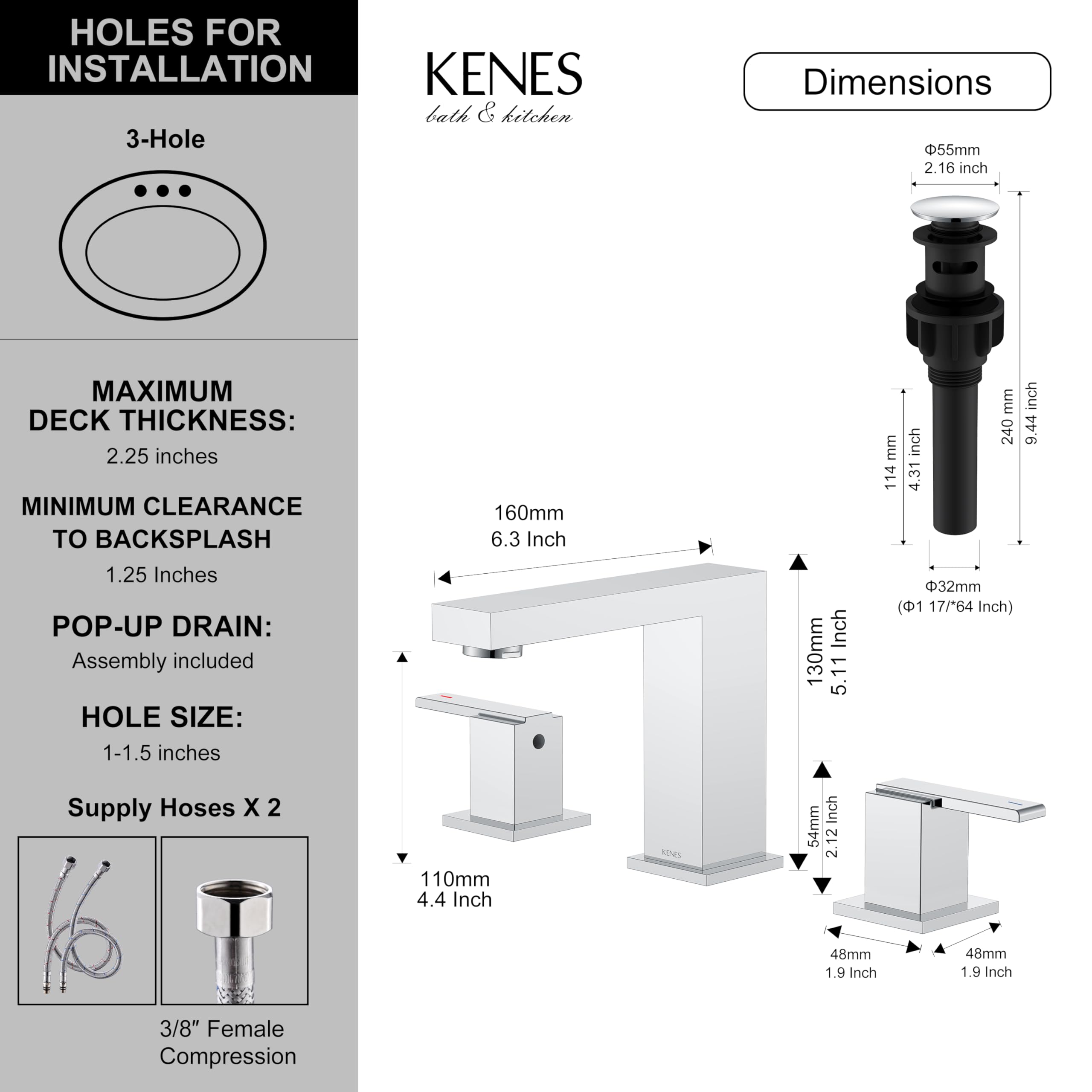 KENES polished chrome widespread faucet 3-hole setup demonstrates seamless fit.