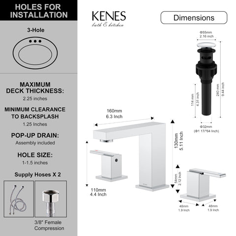 KENES polished chrome widespread faucet 3-hole setup demonstrates seamless fit.