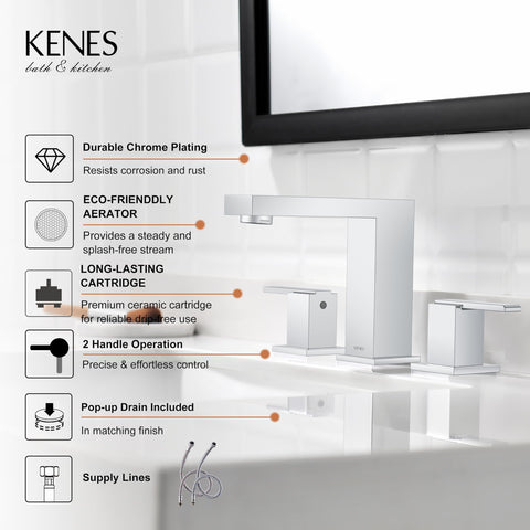 KENES polished chrome widespread faucet aerated flow shown for soft, splash-free everyday tasks.
