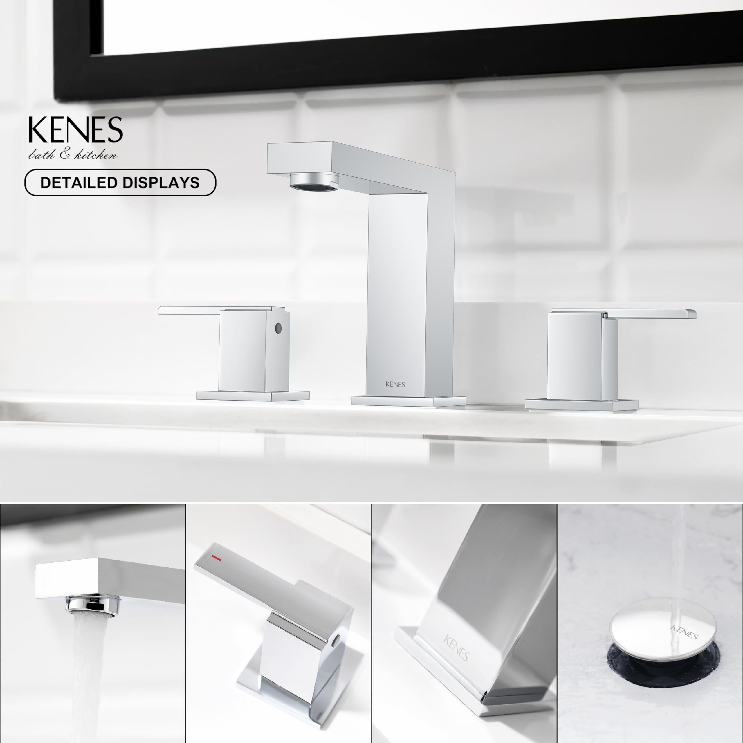 KENES polished chrome widespread faucet packaging includes everything needed for DIY install.