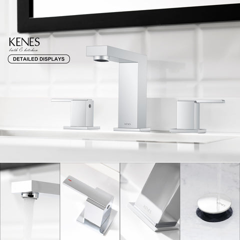 KENES polished chrome widespread faucet packaging includes everything needed for DIY install.
