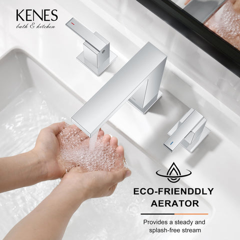 KENES polished chrome widespread faucet pop-up drain feature in action for quick cleaning.