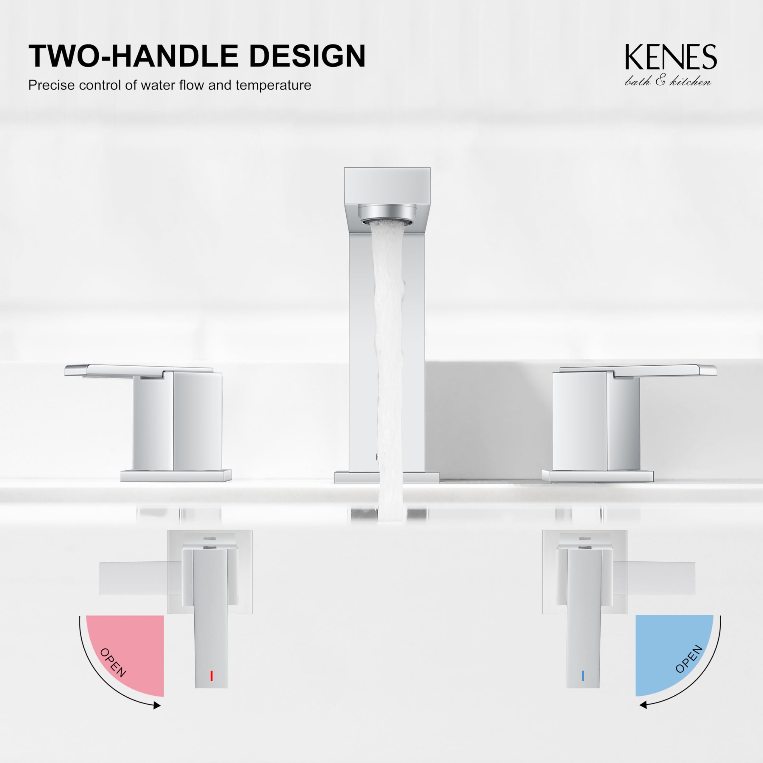 KENES polished chrome widespread faucet supply lines included with corrosion-resistant outer sheath.