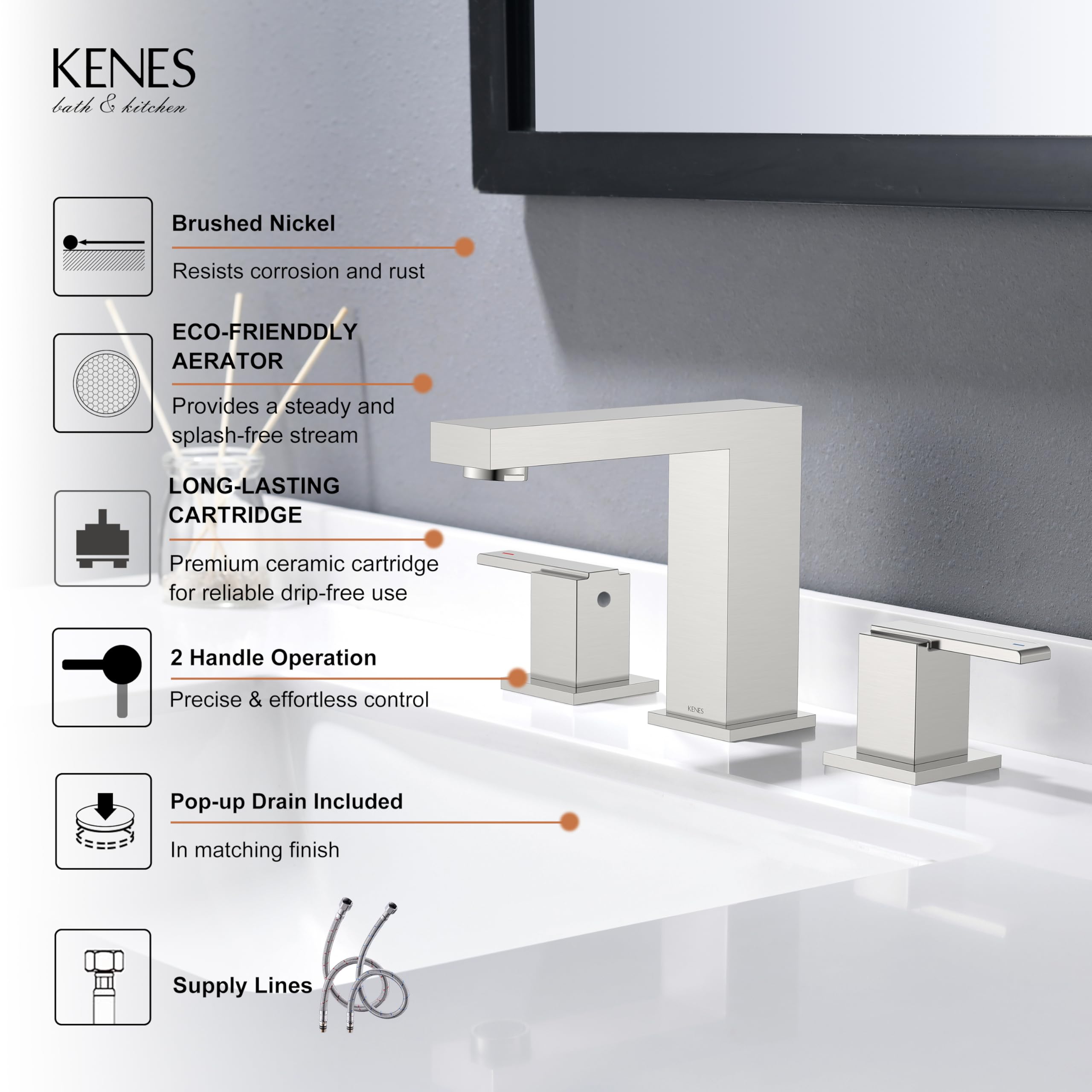 KENES pop-up drain included for seamless sink assembly.