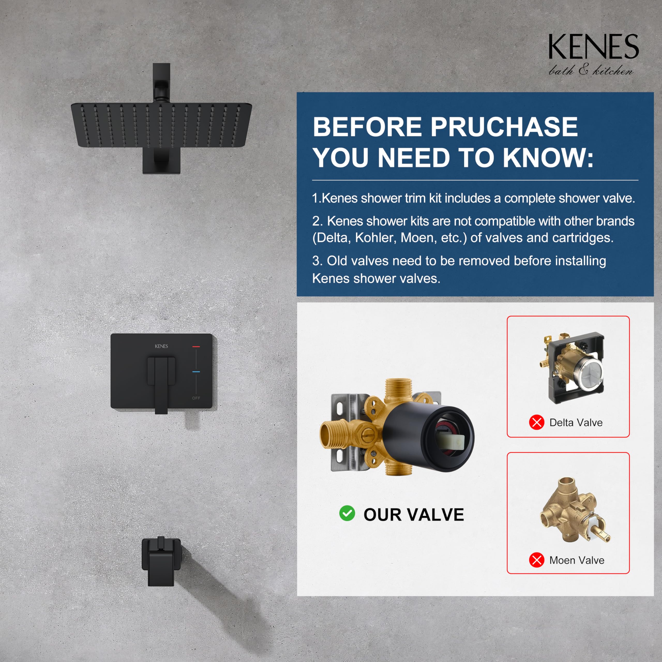 KENES square tub and shower trim kit in matte black finish