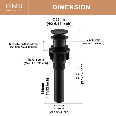 KENES without-overflow design fits standard 1-3/4 inch drains in most vanities.