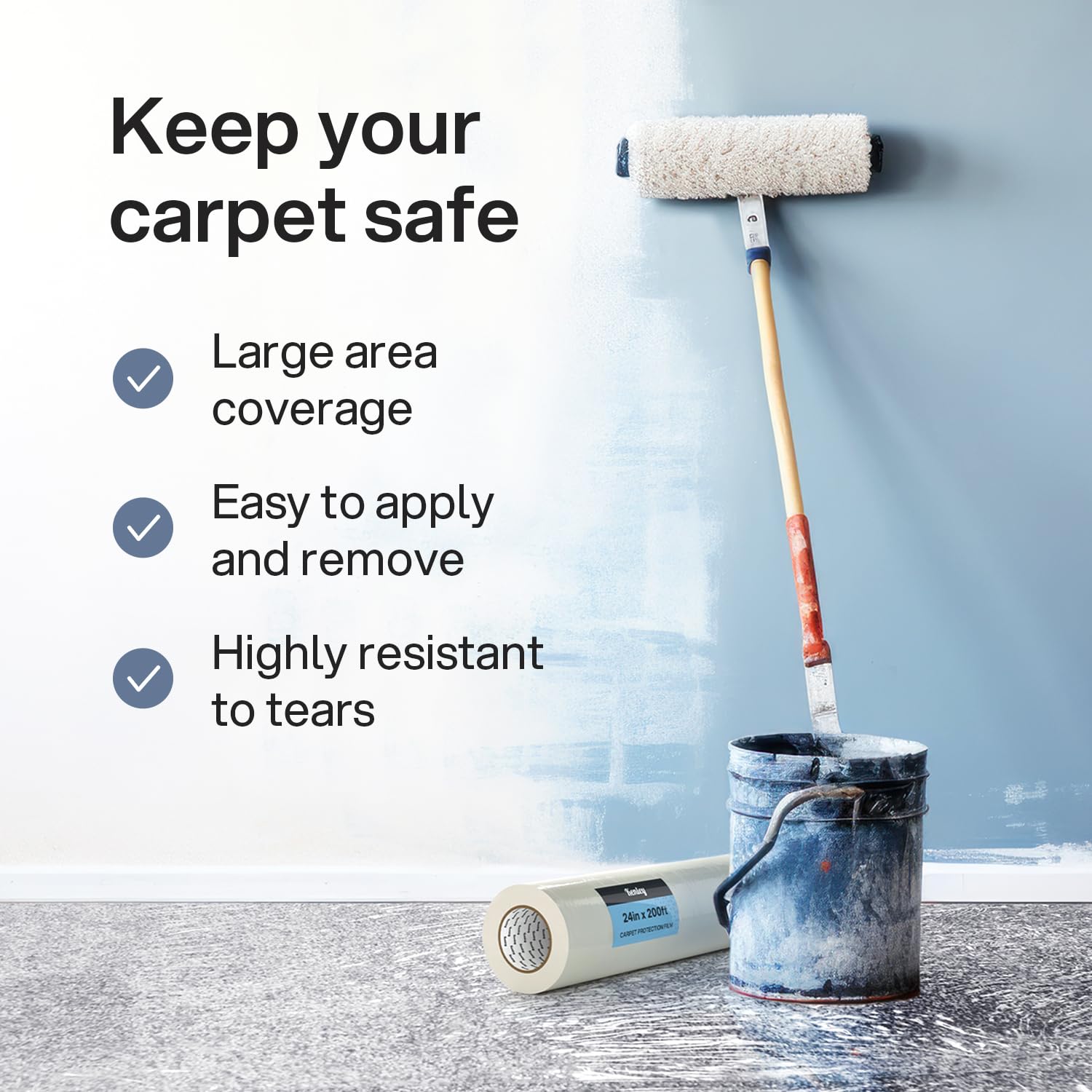 Kenley easy-apply carpet protector demonstrates simple unroll and edge overlap for complete protection