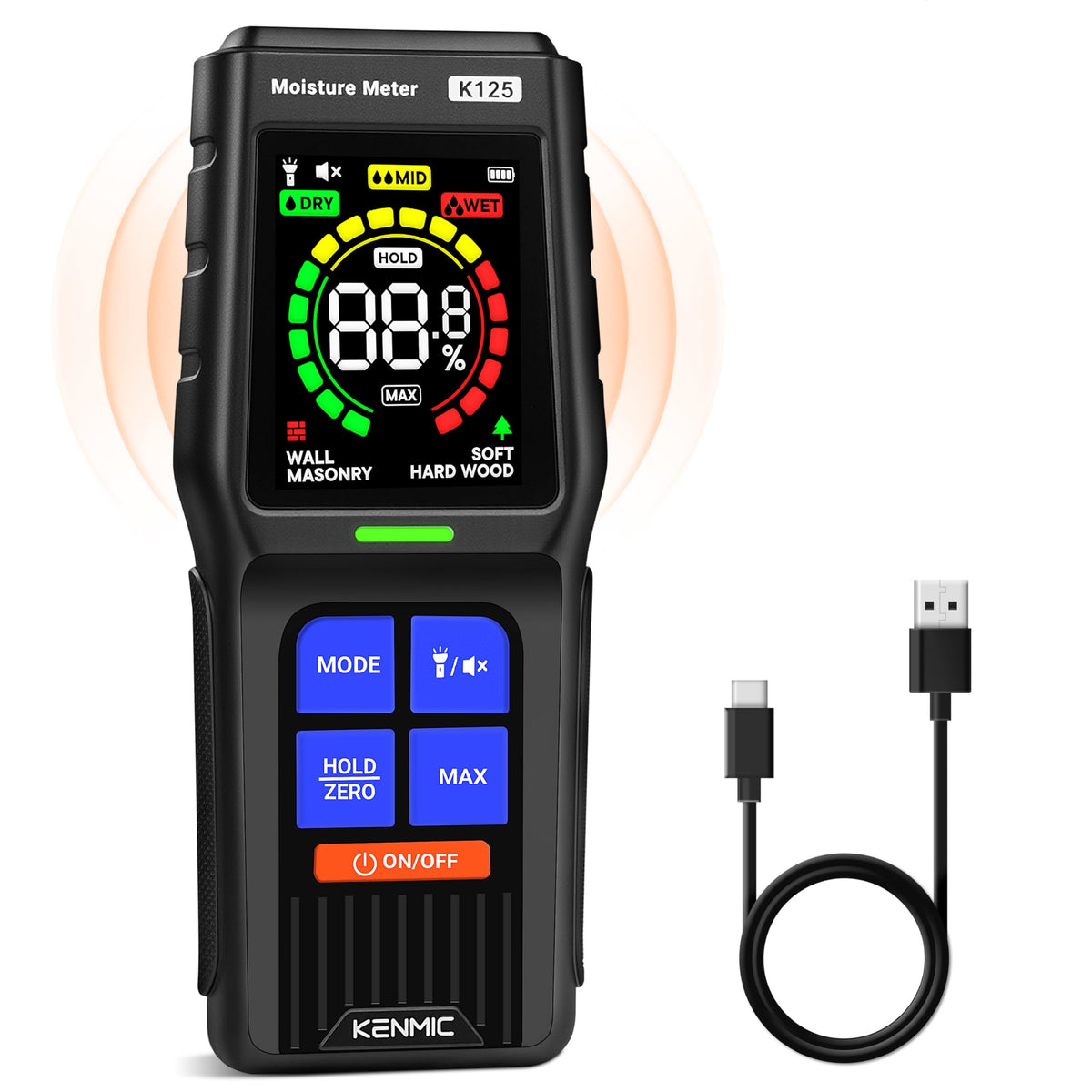KENMIC Pinless Moisture Meter drywall reading shows non-destructive dampness checks.