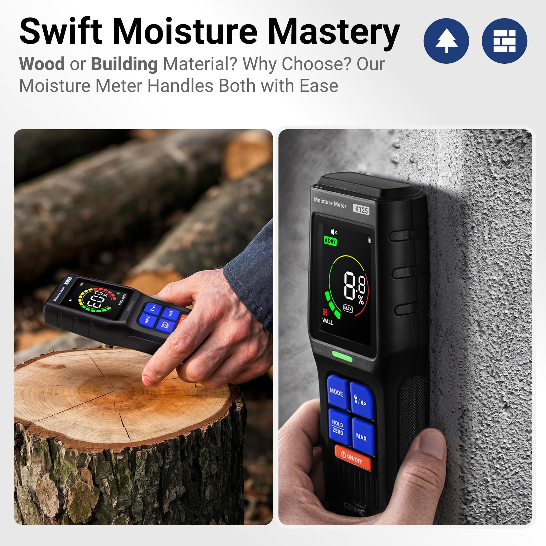 KENMIC Pinless Moisture Meter masonry reading enables rapid wall moisture assessment.