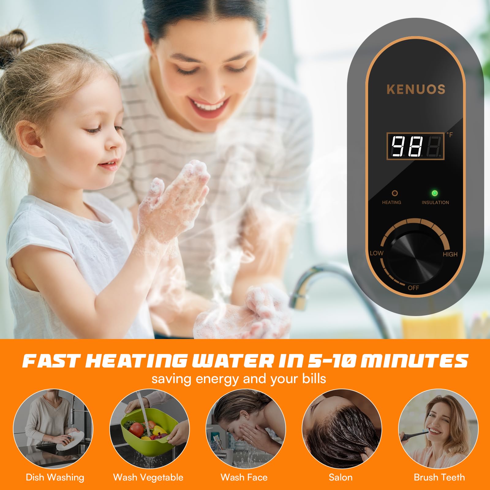KENUOS 1500W heating element delivers rapid hot water.