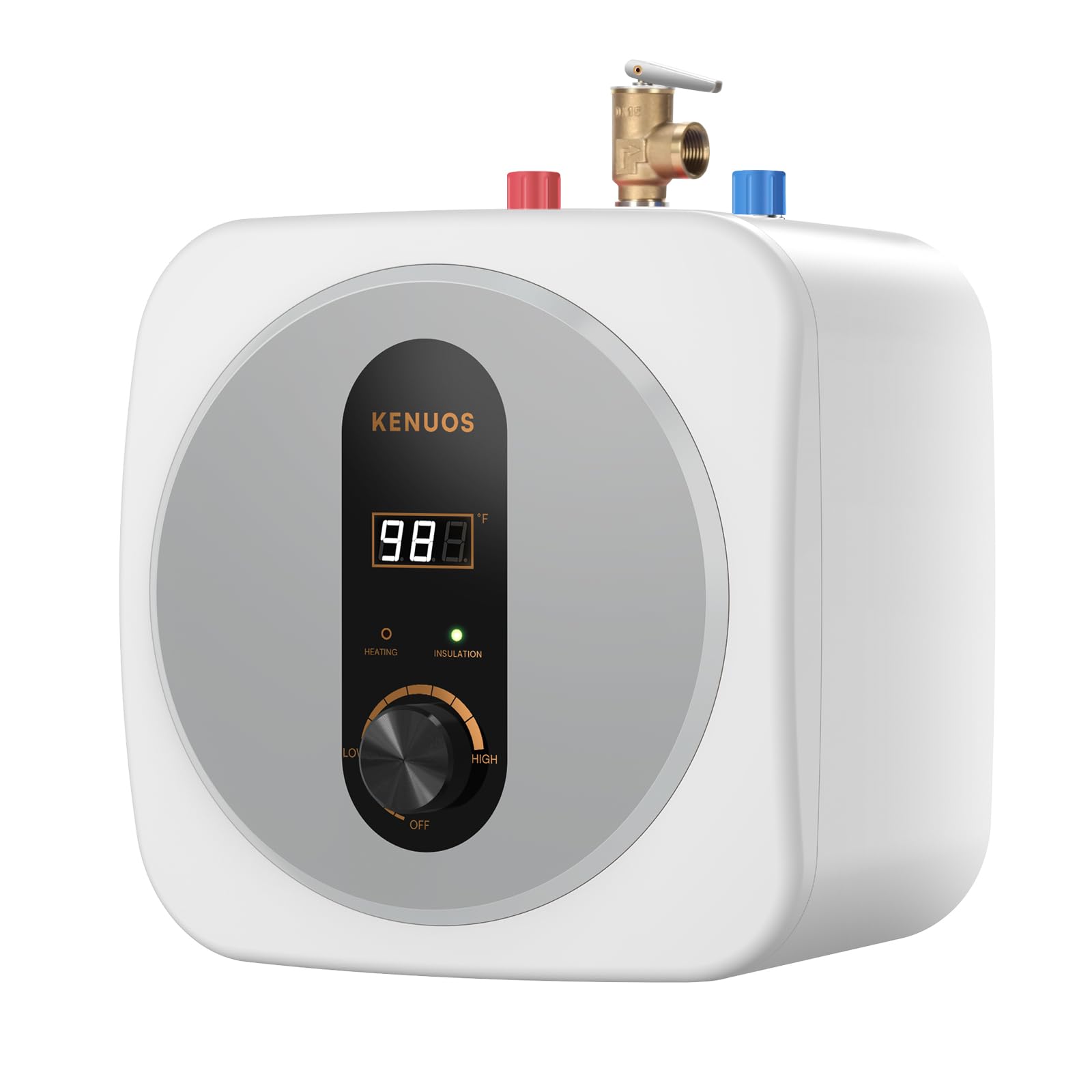 KENUOS mini tank water heater with LED display for quick, on-demand hot water.