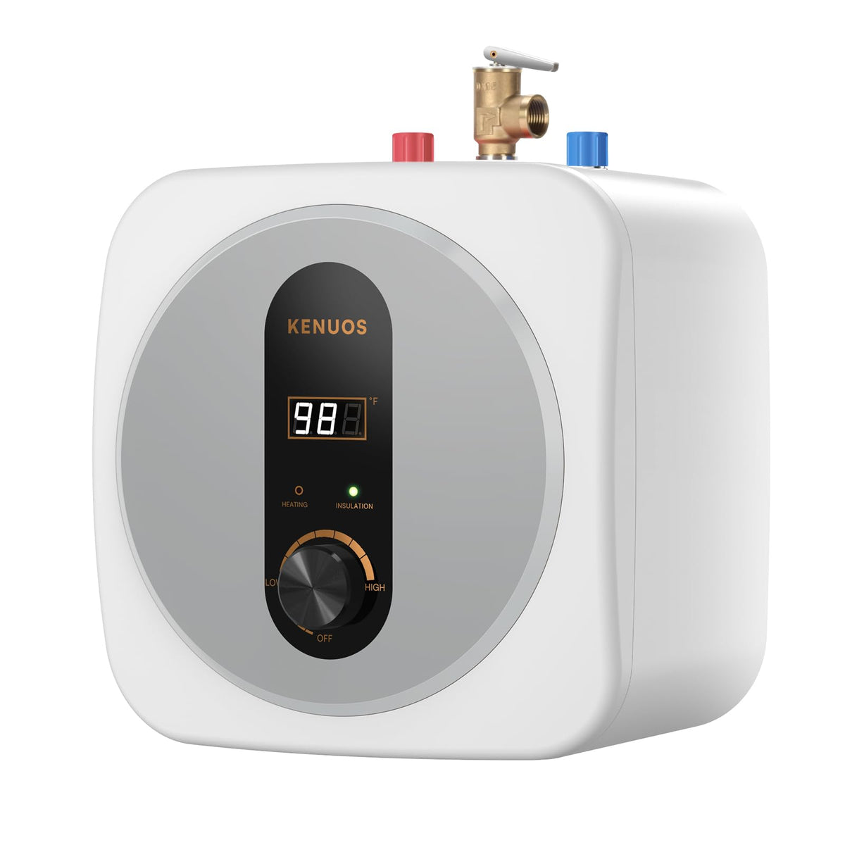 KENUOS mini tank water heater with LED display for quick, on-demand hot water.