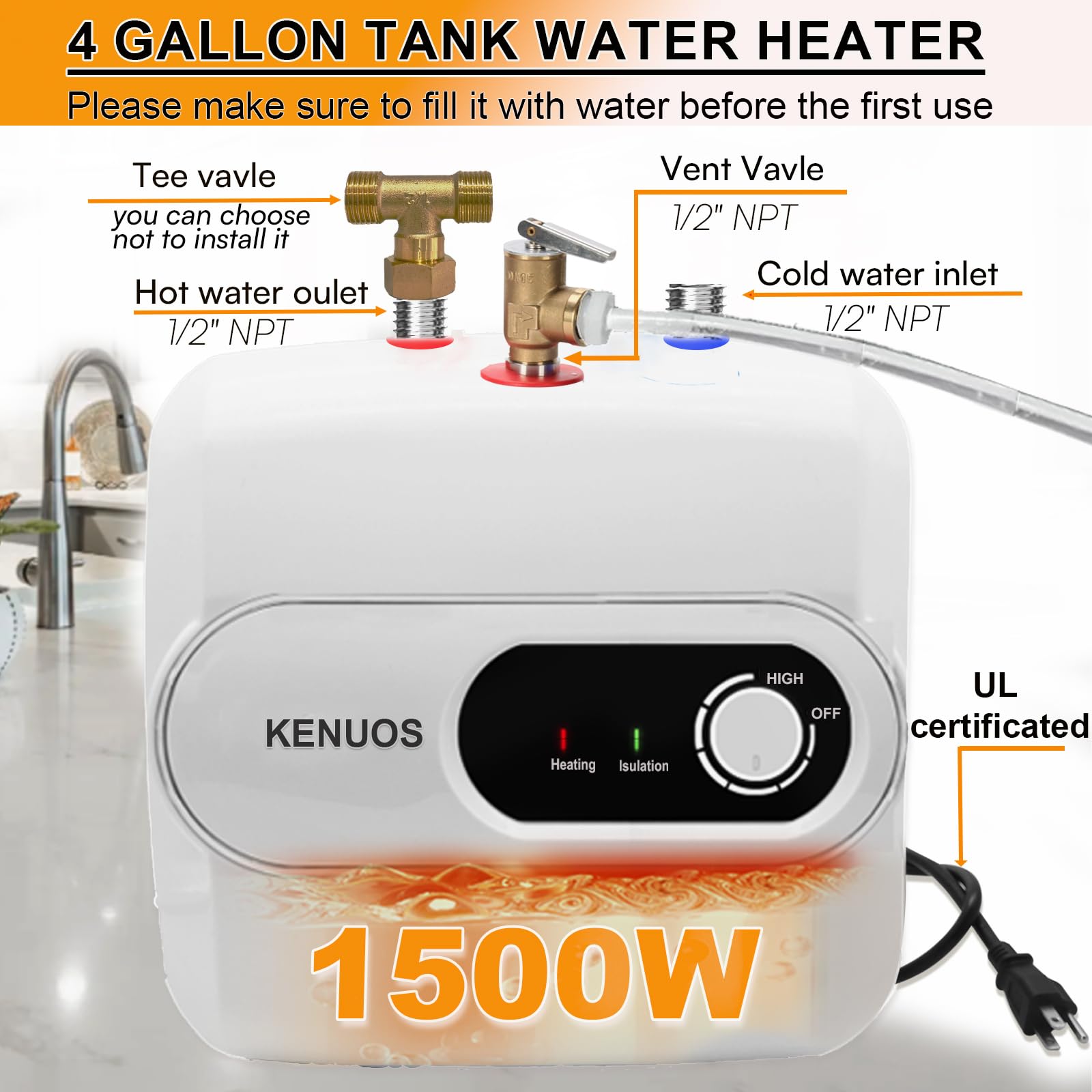 KENUOS water heater pipe connections 1 2 inch NPT for easy setup