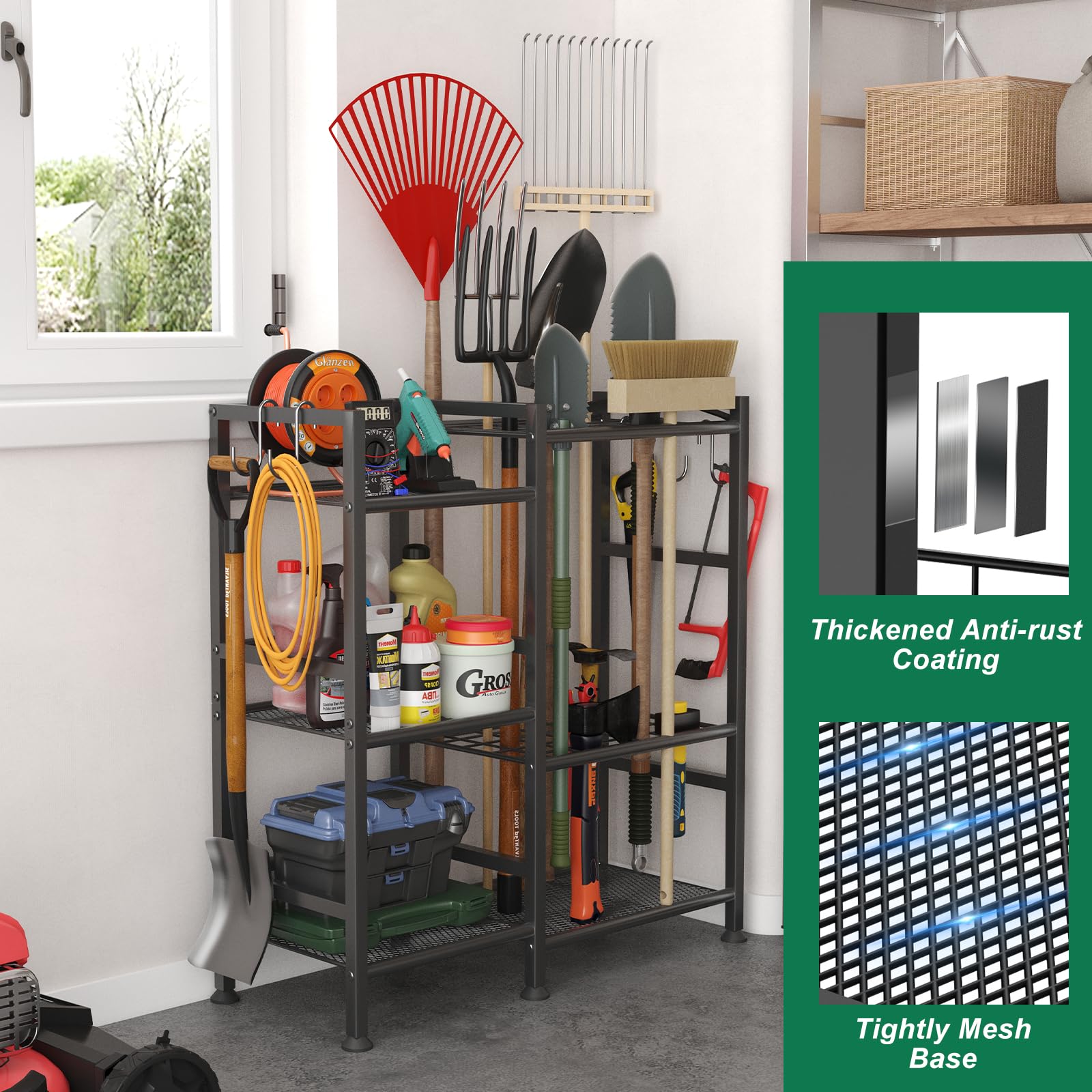 Keomaisyto garden tool rack with 35 long-handled slots for rakes and shovels.