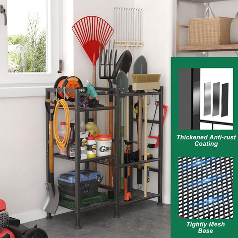 Keomaisyto garden tool rack with 35 long-handled slots for rakes and shovels.