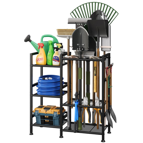 Keomaisyto garden tool rack featuring a left shelf keeps small tools within easy reach.
