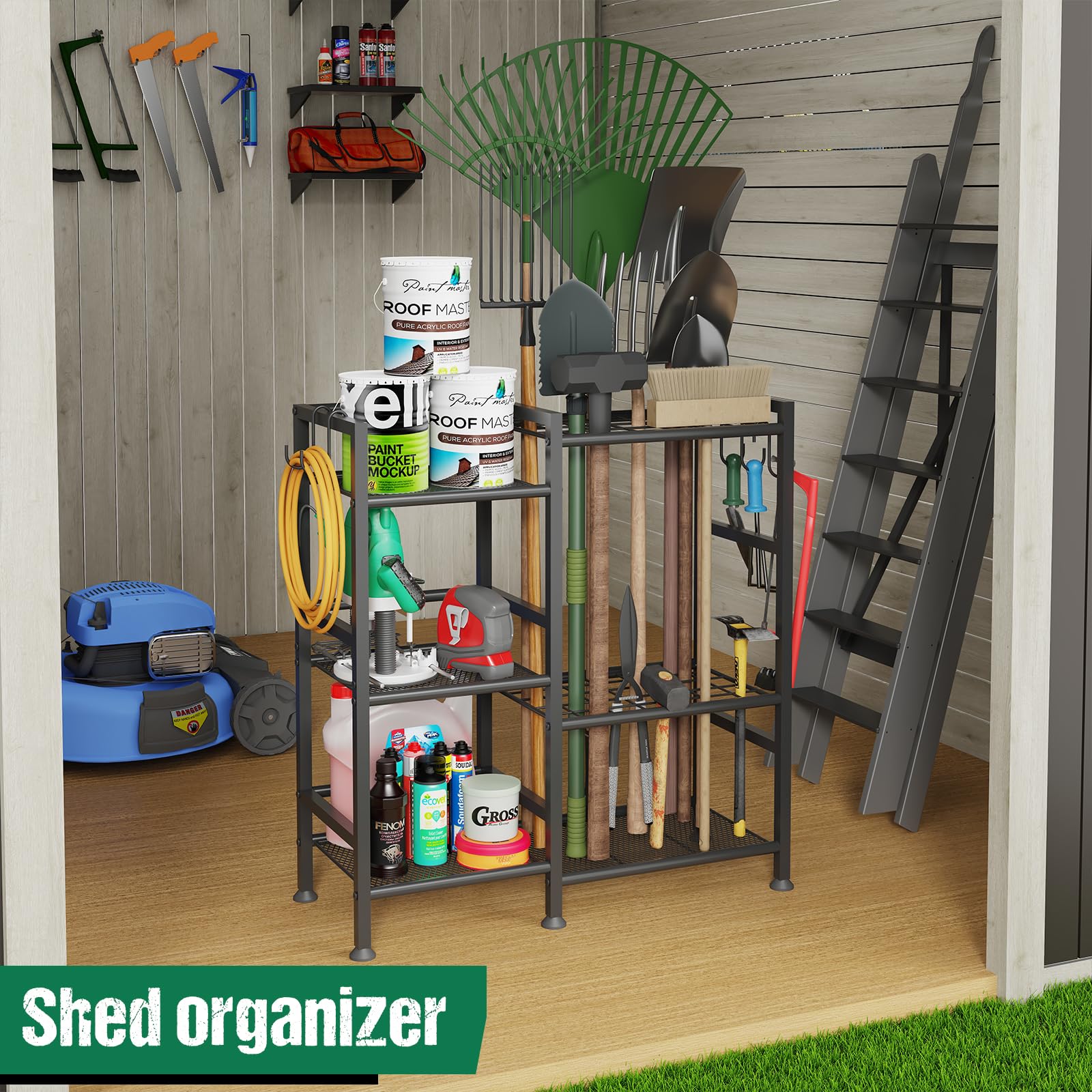 Keomaisyto 3-tier shelf stores small items like bottles and cleaning supplies.