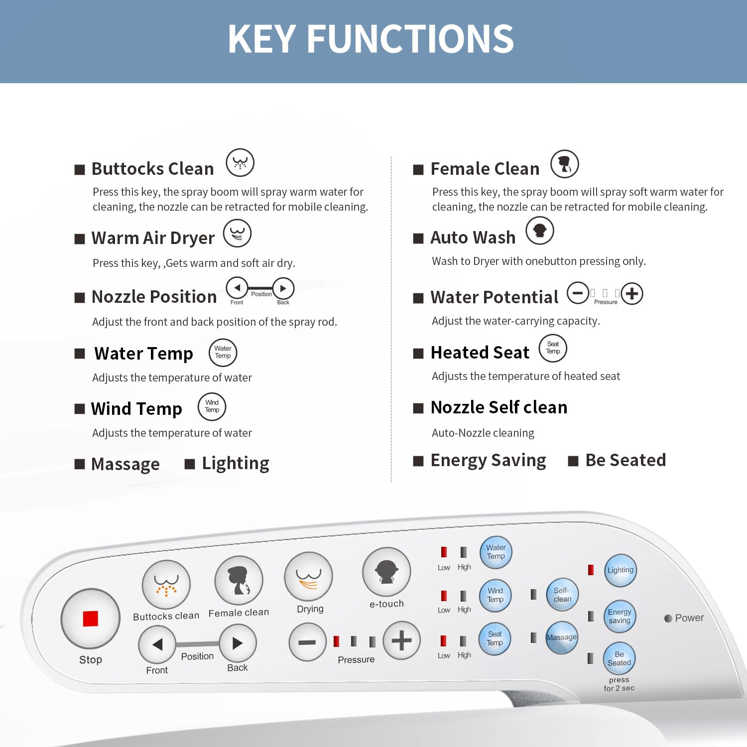 KERDE bidet seat control panel close up for easy one click operation.