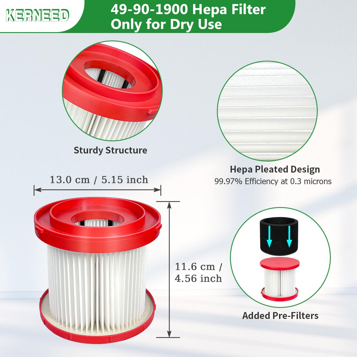 Kerneed 49-90-1900 HEPA filter for Milwaukee 0970-20, reliable debris filtration