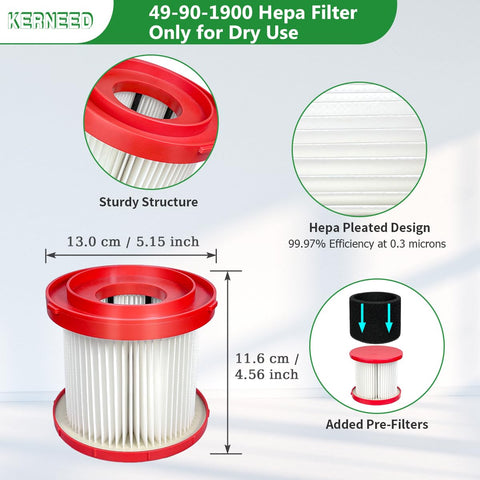Kerneed 49-90-1900 HEPA filter for Milwaukee 0970-20, reliable debris filtration