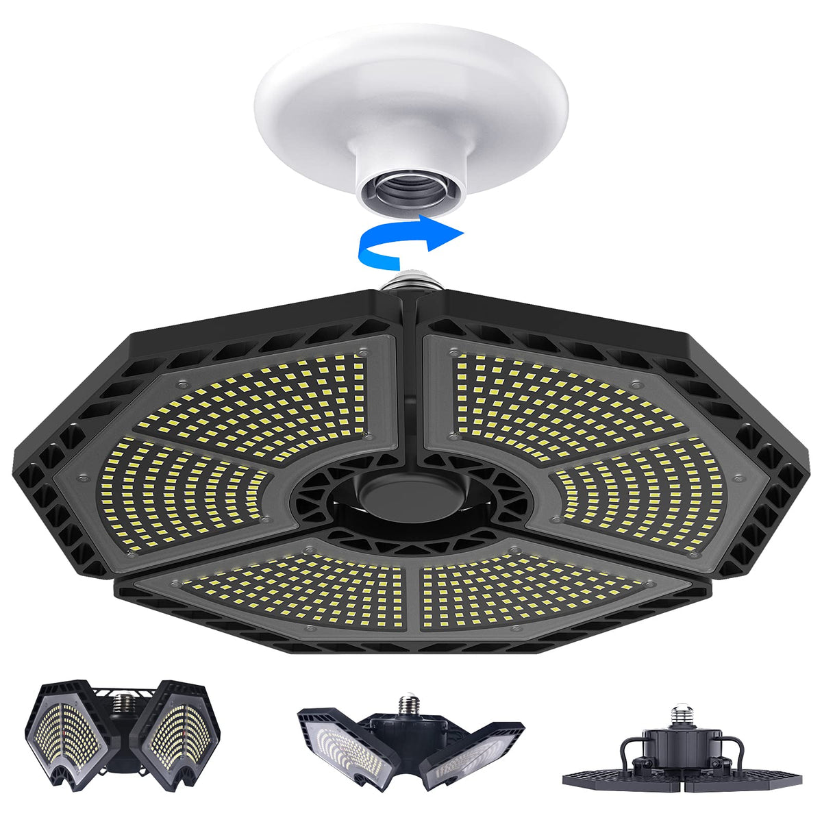 KERNOWO LED Garage Light with three-panel adjustable heads for versatile coverage.