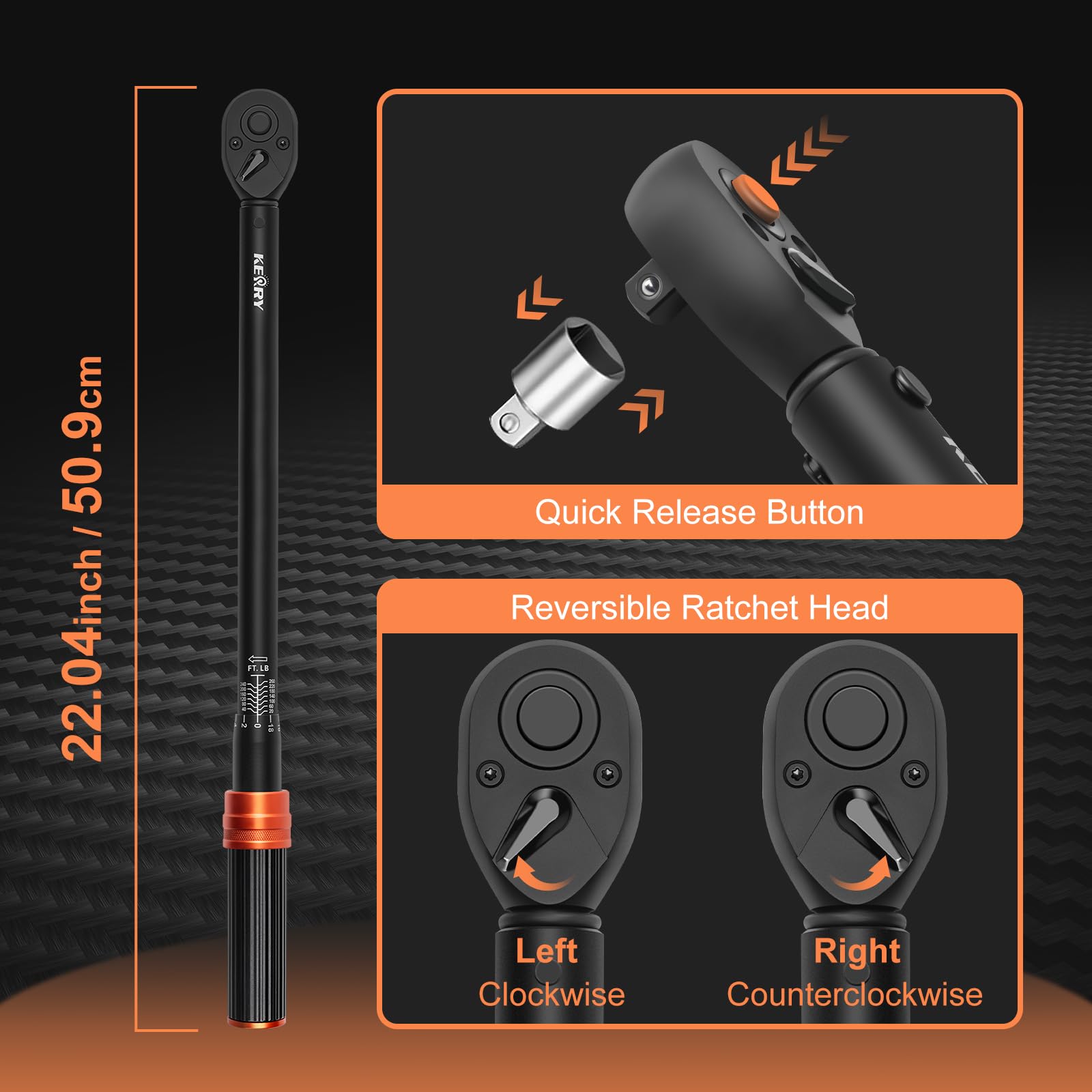 Kerry dual-range scale displays 20–260 ft-lb for precise automotive settings.