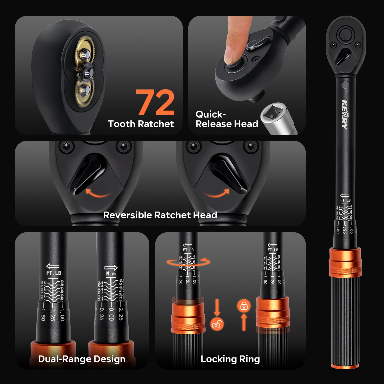 Kerry torque wrench 3-8-inch drive close-up reveals readable dual scales