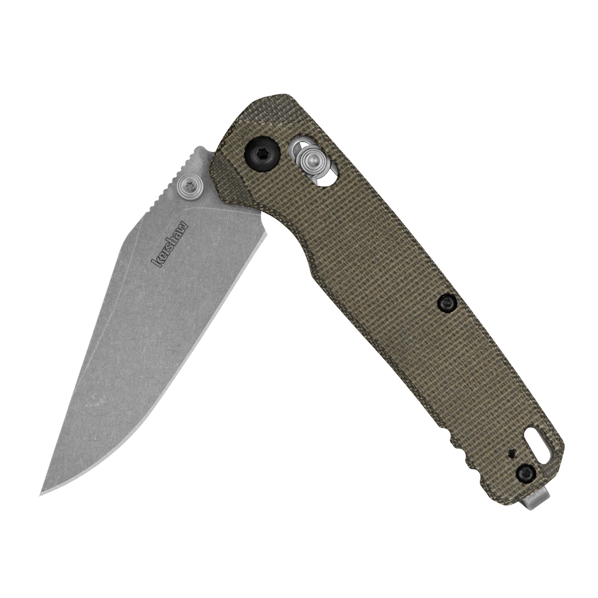 Kershaw Bel Air olive canvas Micarta handle close-up, showcasing textured grip for secure daily carry.