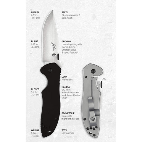Dual satin and stonewashed finishes on the Kershaw Emerson CQC-6K blade for durability