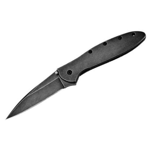 Kershaw Leek handle close-up reveals contoured stainless grip and rugged BlackWash finish.