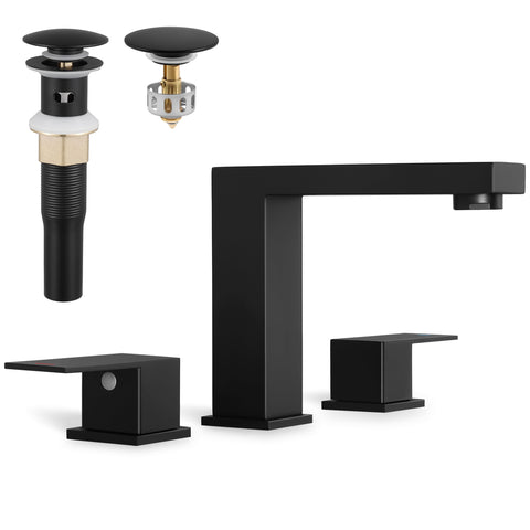 KES All Metal Black faucet in vanity setup showcases universal fit for 3-hole sinks.