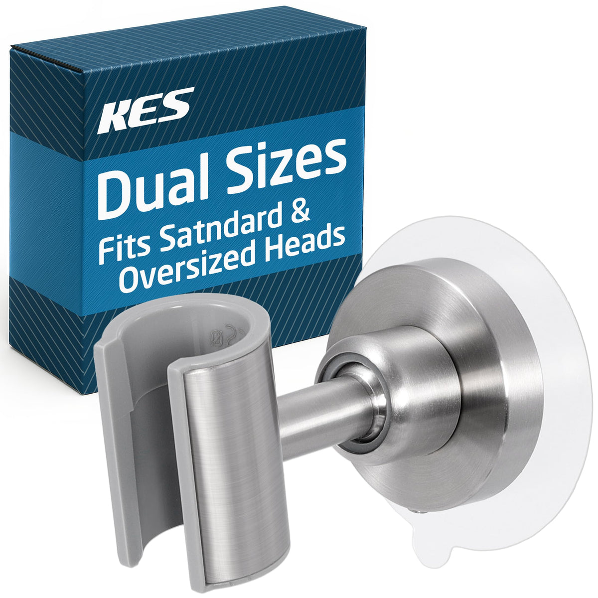KES all metal shower head holder in brushed steel, rugged front view