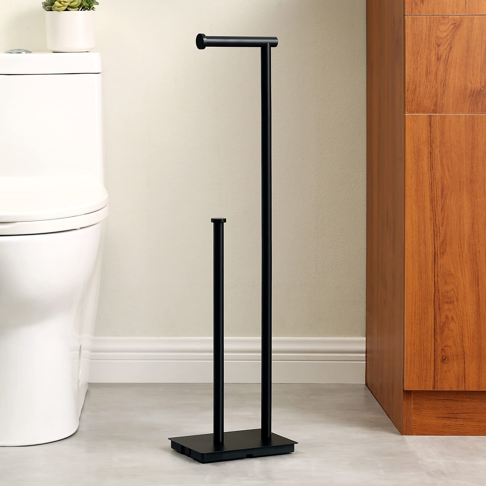 KES freestanding toilet paper holder with reserve, matte black finish, organized rolls ready for use