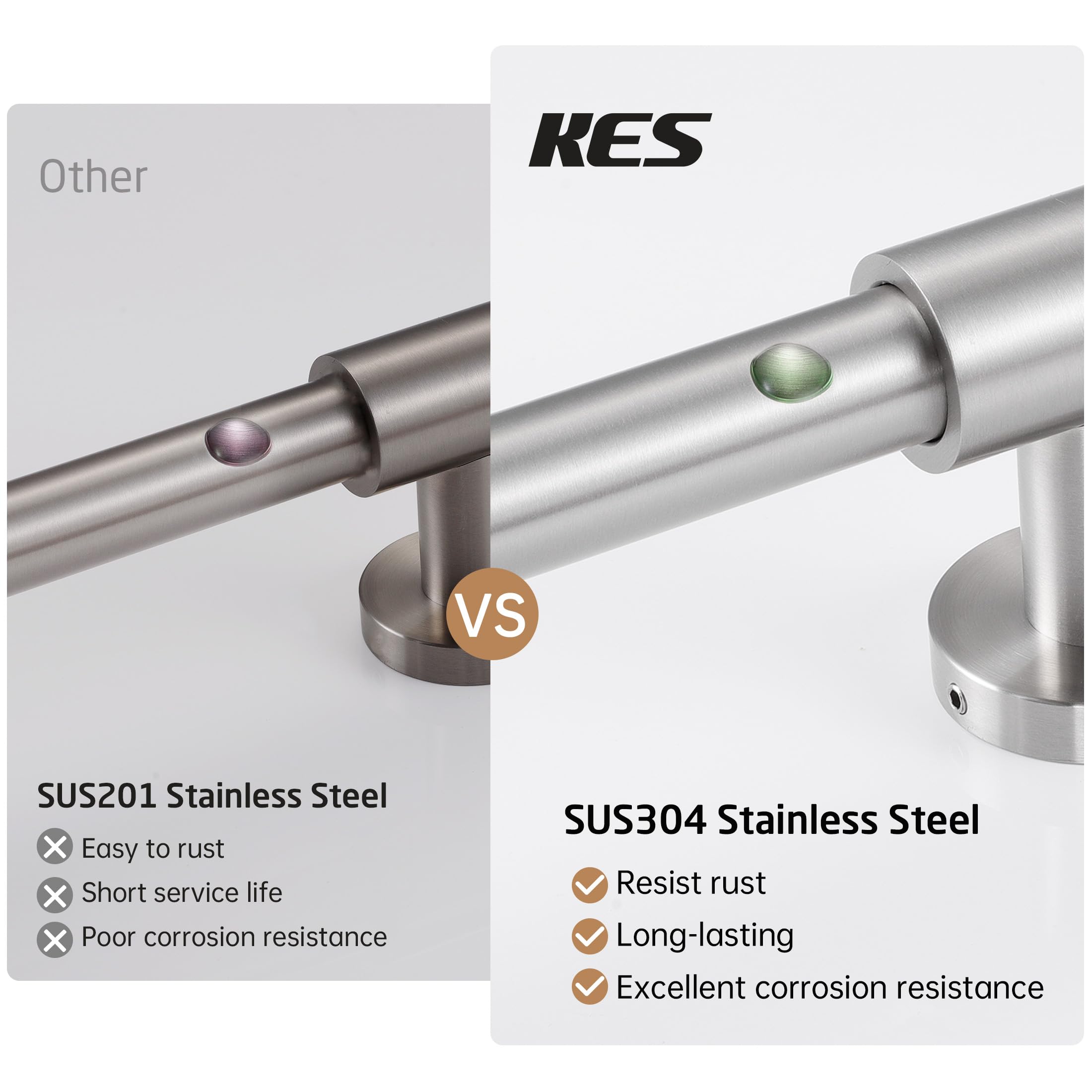 KES No Drill SUS304 brushed stainless steel resists corrosion in humid bathrooms