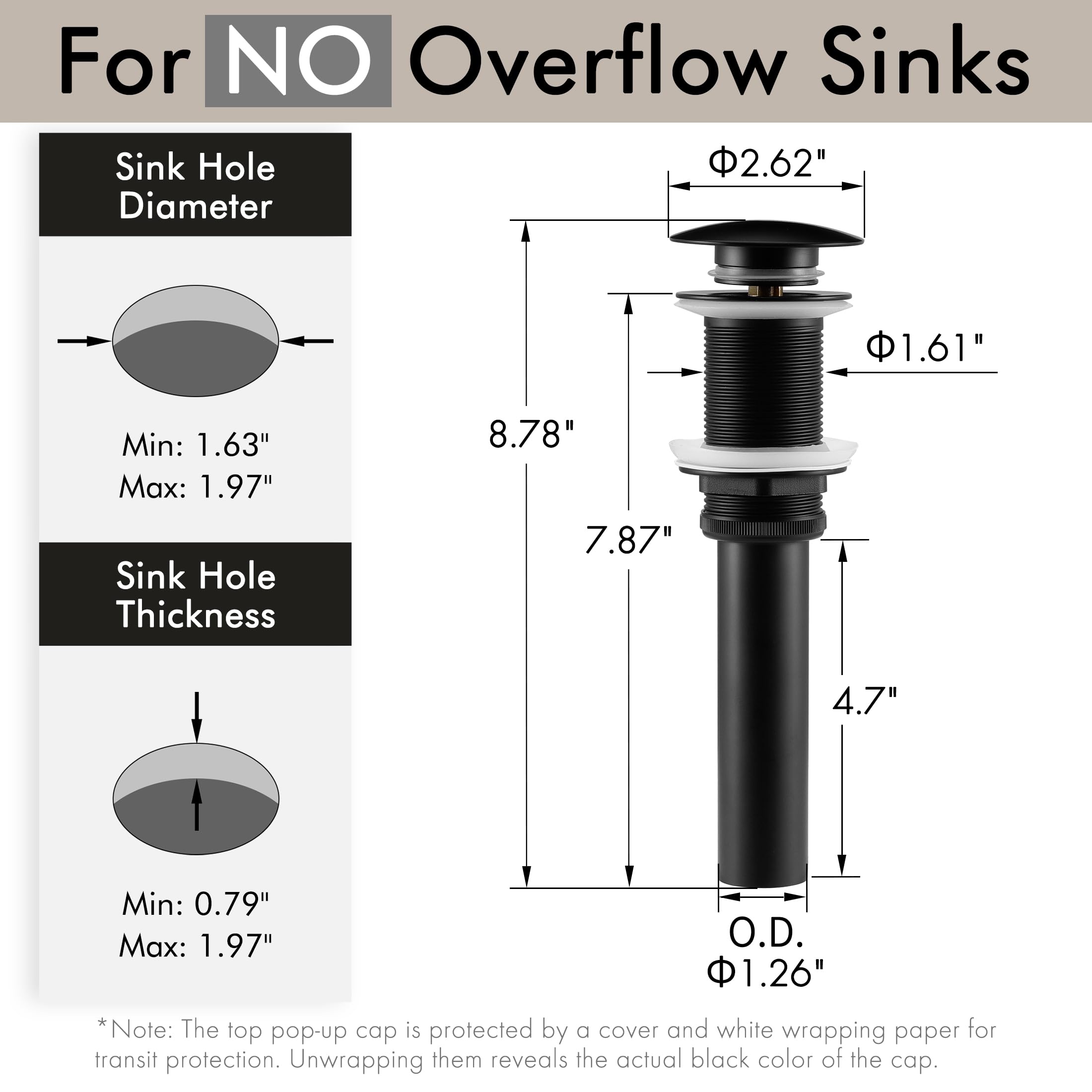 KES S2008D-BK drain hole supports 1.6–1.9 inch vessel sizes.