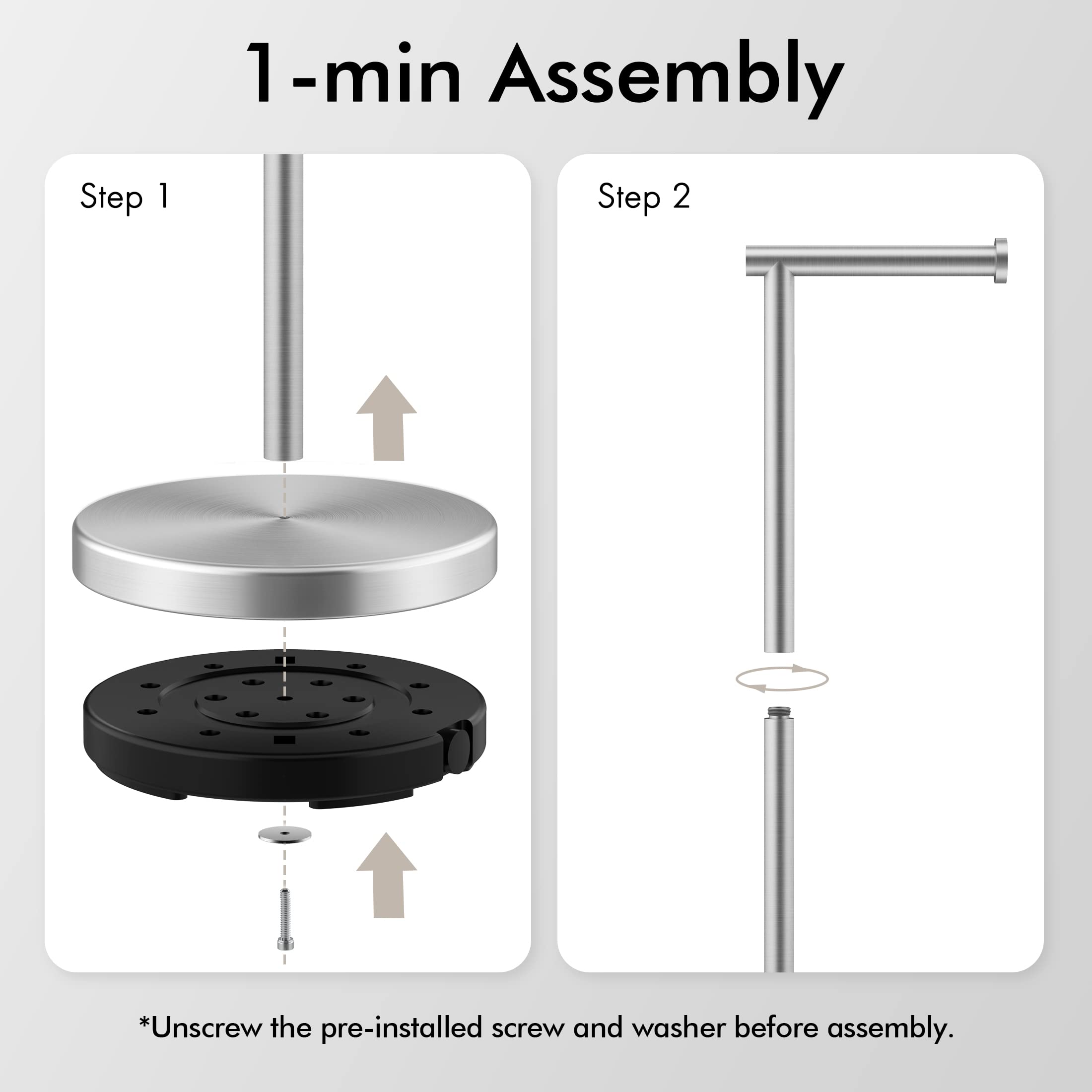 KES toilet paper holder stand assembly instruction highlights quick, tool-free setup.