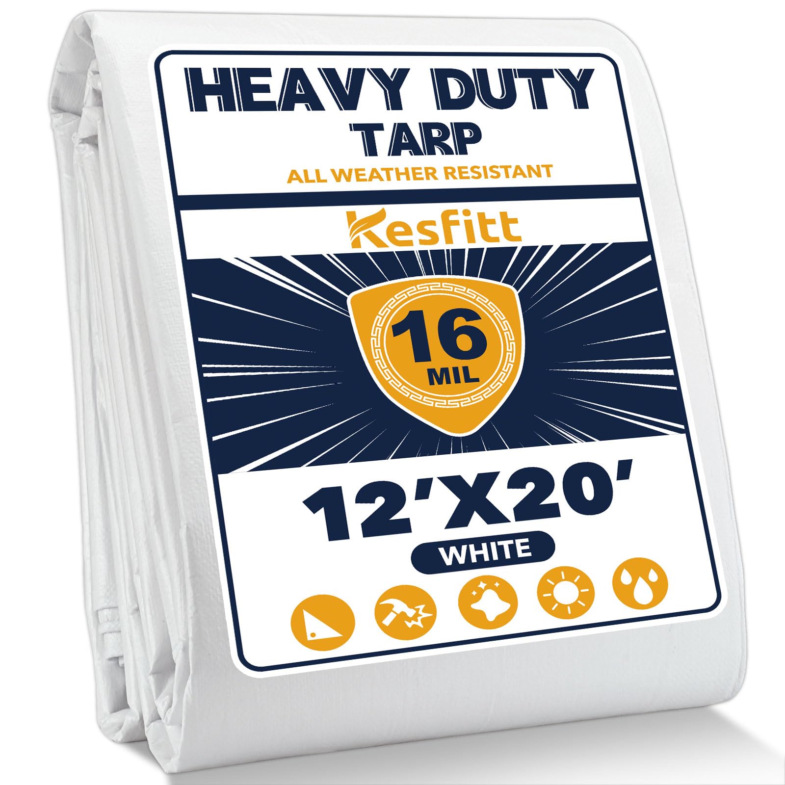 Kesfitt 16Mil heavy-duty tarp protects large equipment outdoors with durable white cover