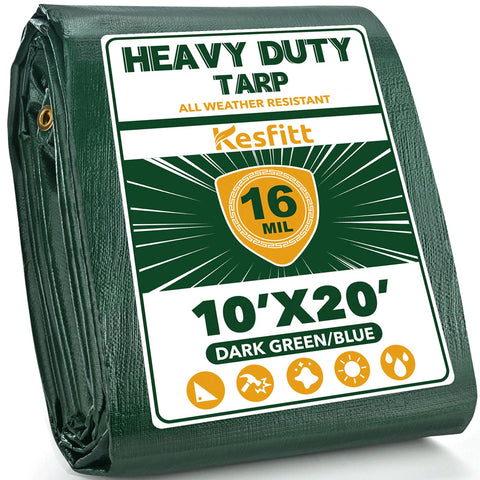Kesfitt 16 mil heavy-duty tarp in dark green and blue, reversible for versatile outdoor protection.