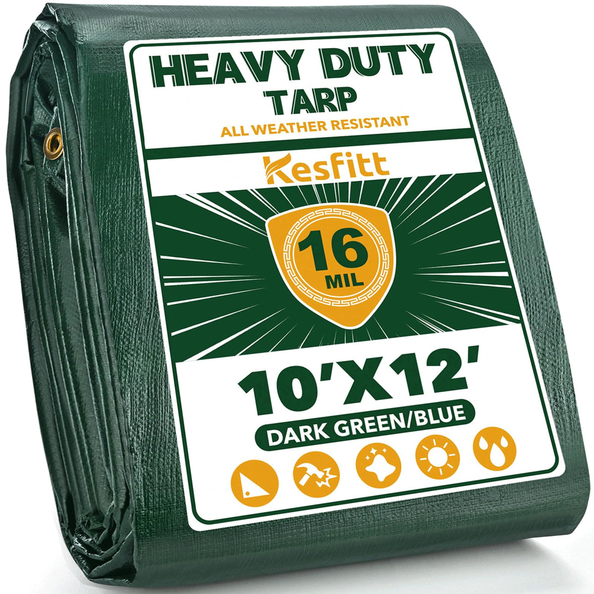 Kesfitt 16mil heavy-duty tarp closeup shows durable weave and UV protection for weather resilience.