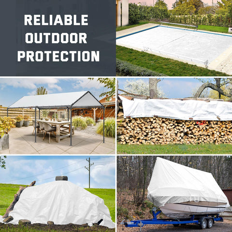Bright white tarp enhances visibility and work area lighting outdoors