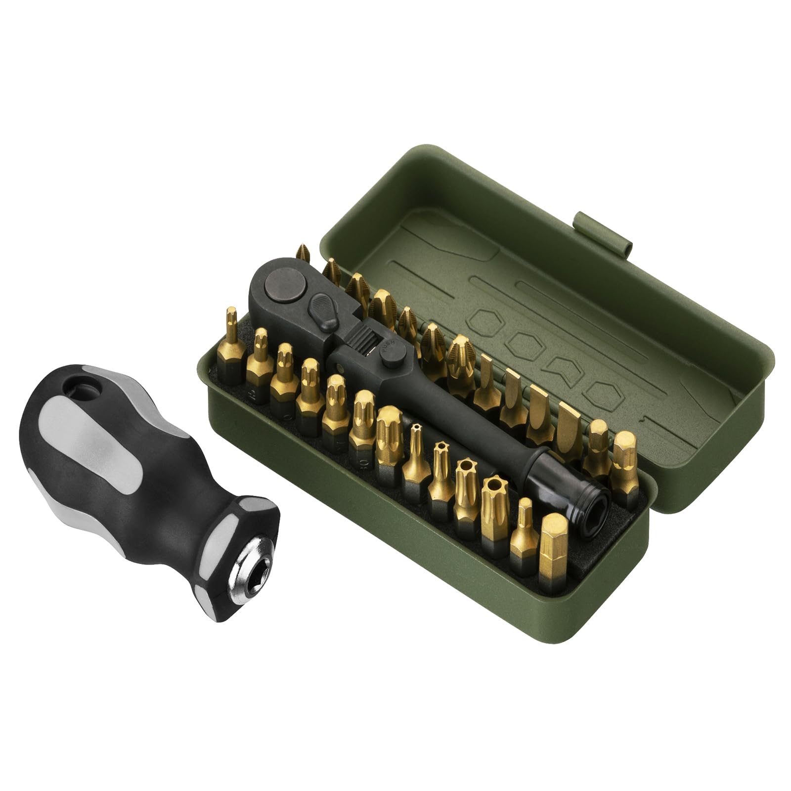 Stubby handle connects with bits for compact screwdriver use.