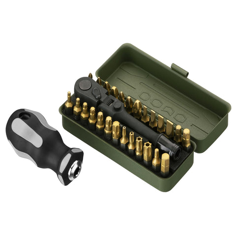 Stubby handle connects with bits for compact screwdriver use.