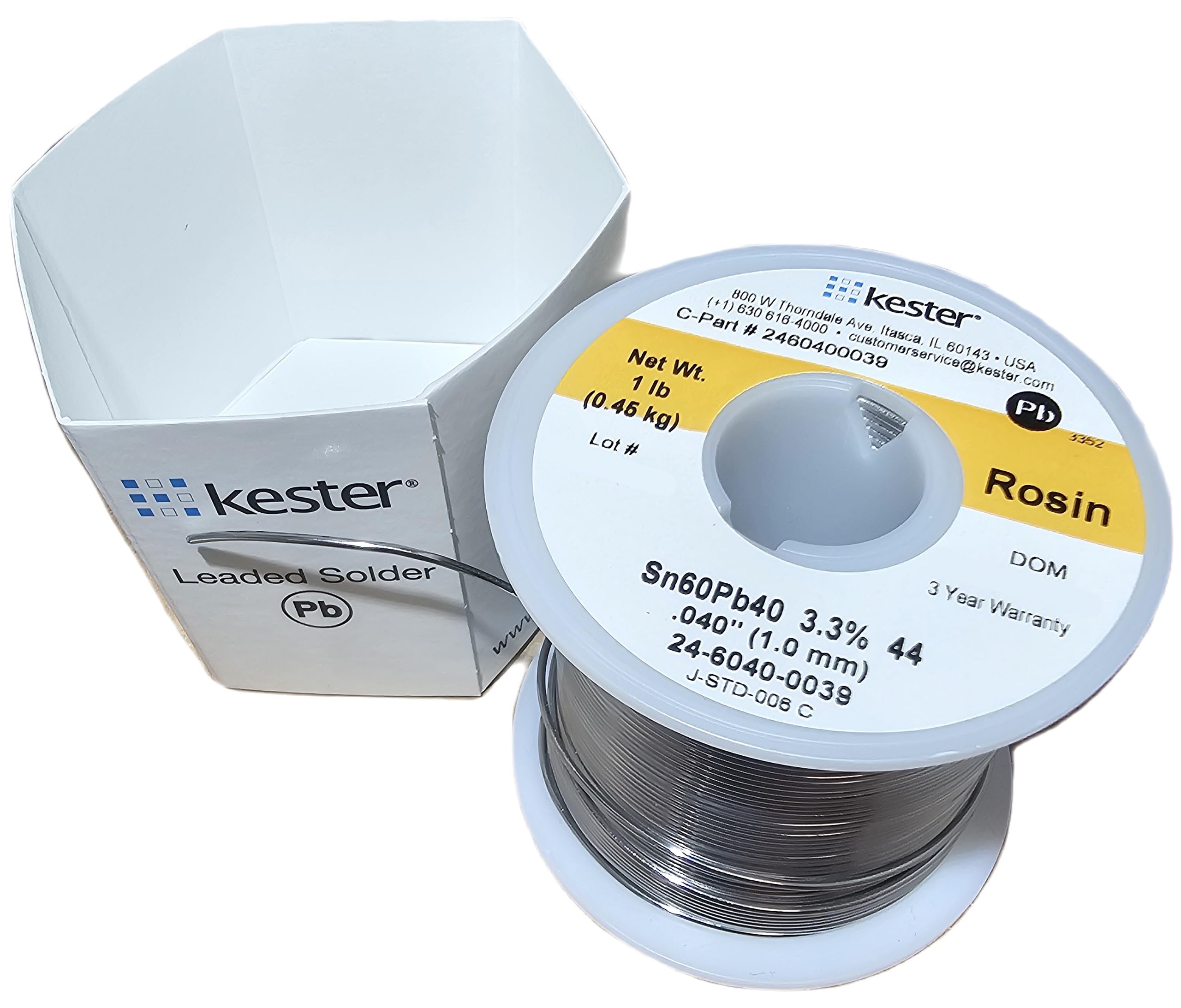 Kester flux-core wire close-up showing 44 flux for reliable wetting.