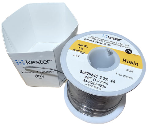 Kester flux-core wire close-up showing 44 flux for reliable wetting.