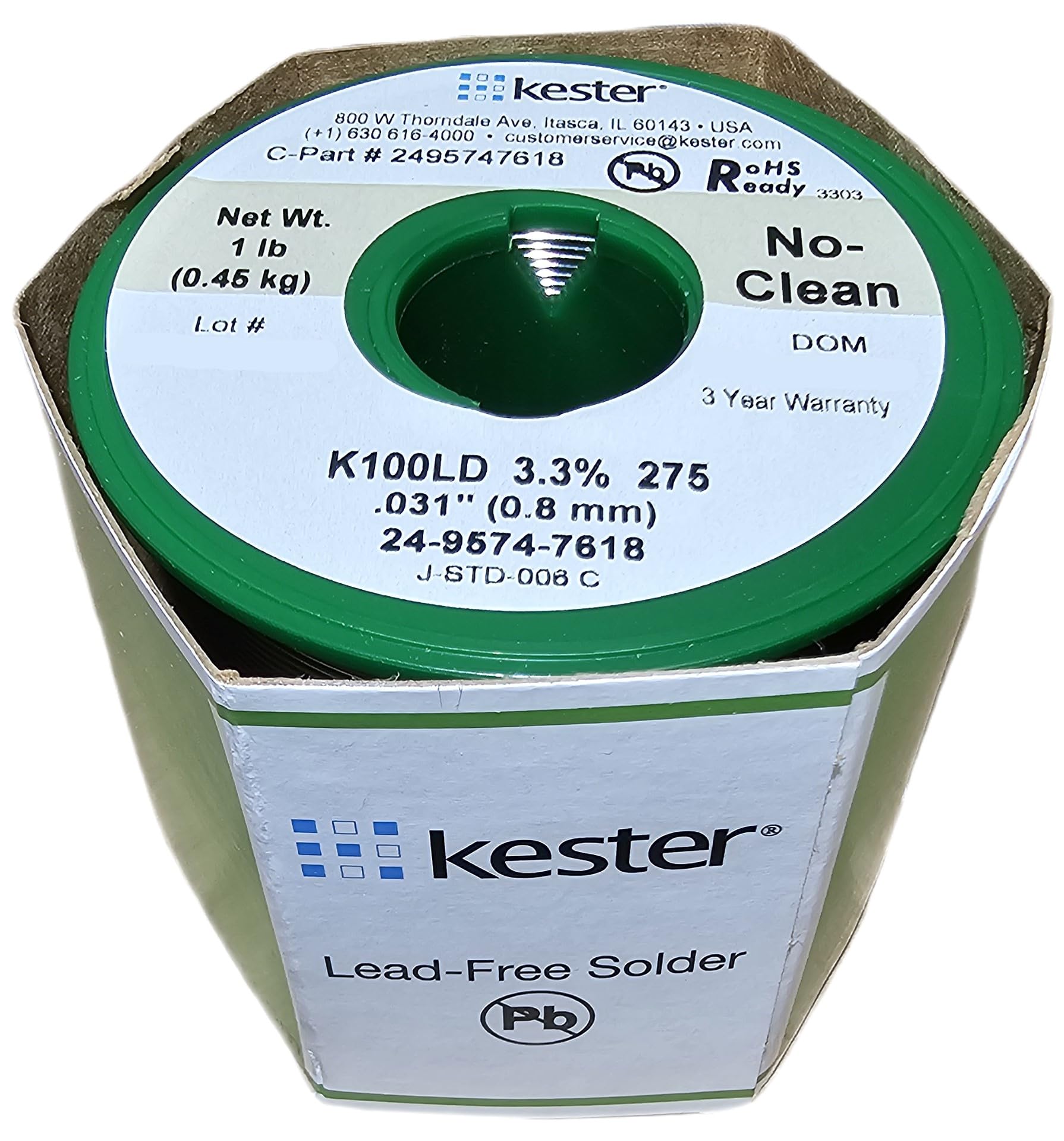 Kester K100LD lead-free solder spool top view for clean, reliable electrical joints.