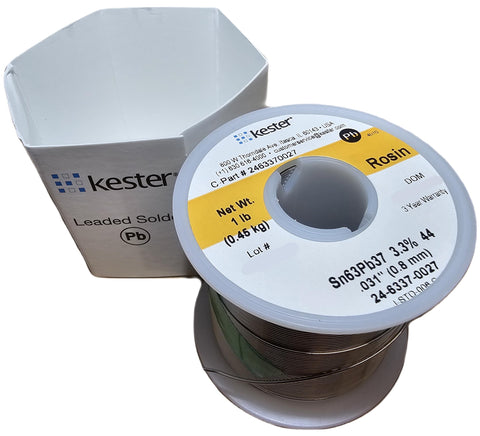 Kester 24-6337 Sn63Pb37 wire showing tin-lead alloy for reliable connections.