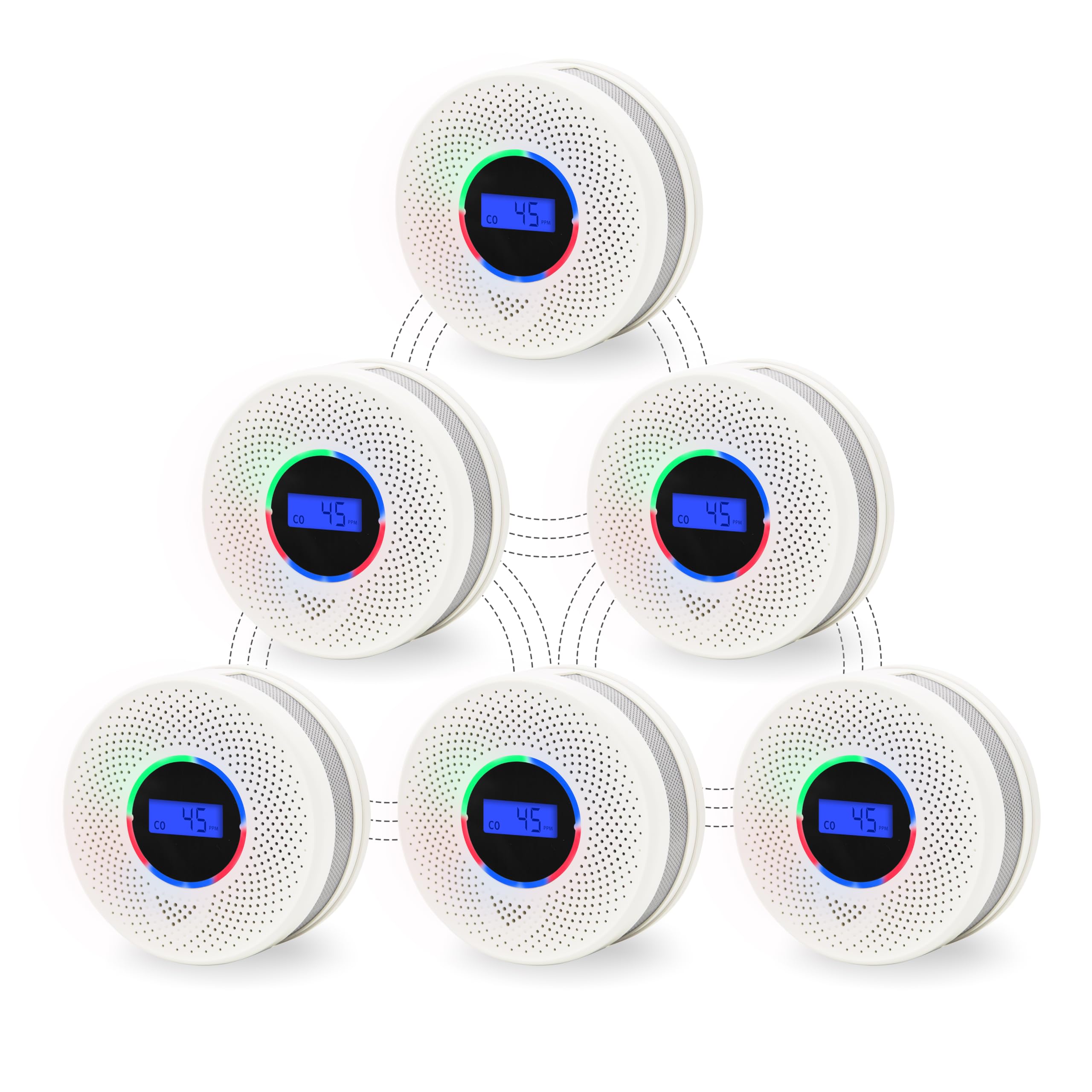 Kesymo 6Pack interlinked alarms on the ceiling demonstrate comprehensive mesh coverage