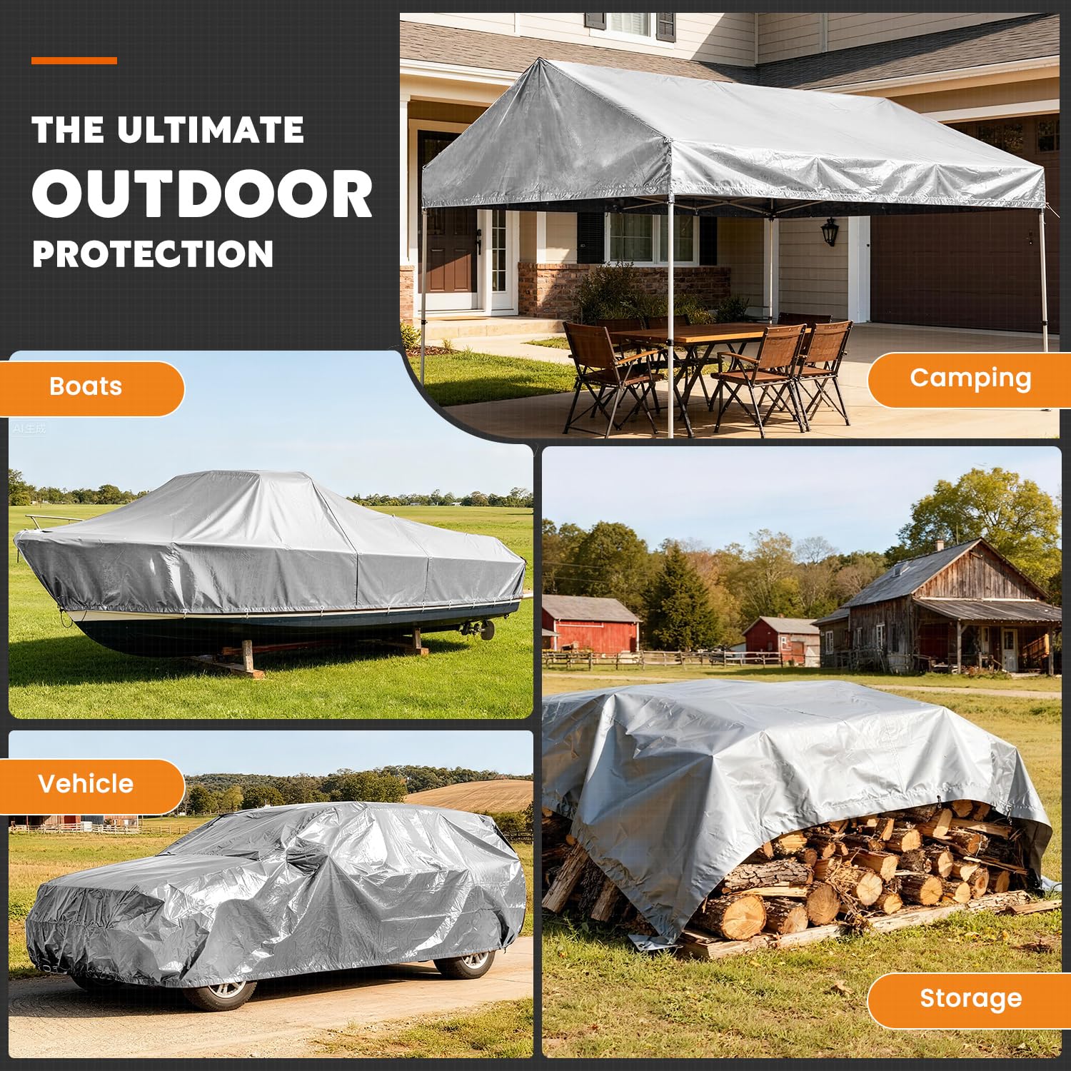 Keten tarps protecting roof or boat from rain and debris